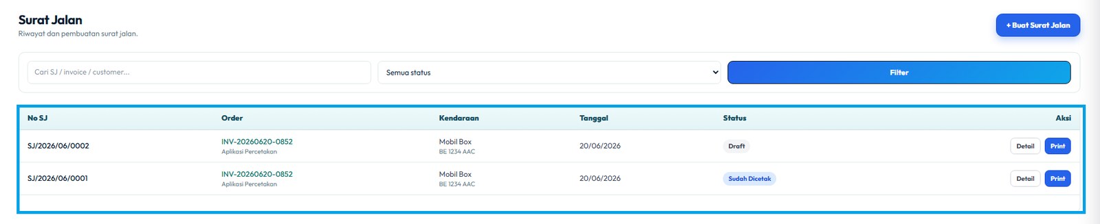 Cek detail Invoice terkirim