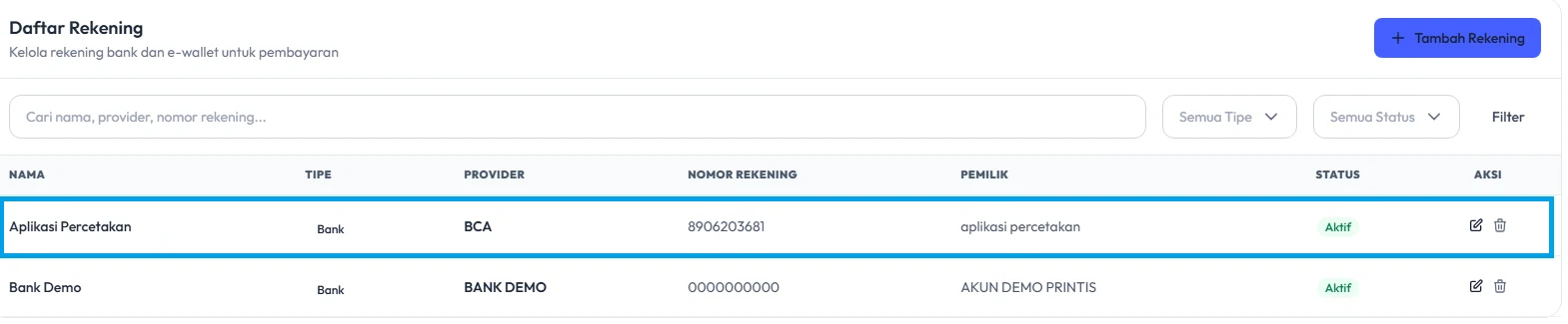 Cek data bank