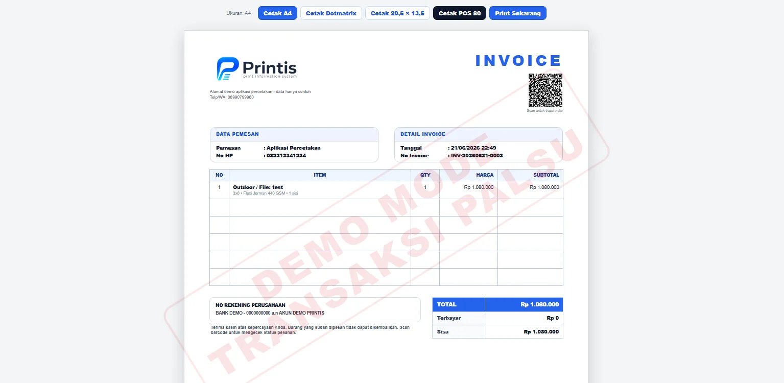 Tampilan Invoice & Nota pada POS Printis AI