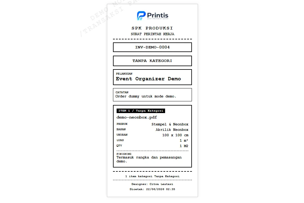 Tampilan SPK Produksi pada POS Printis AI