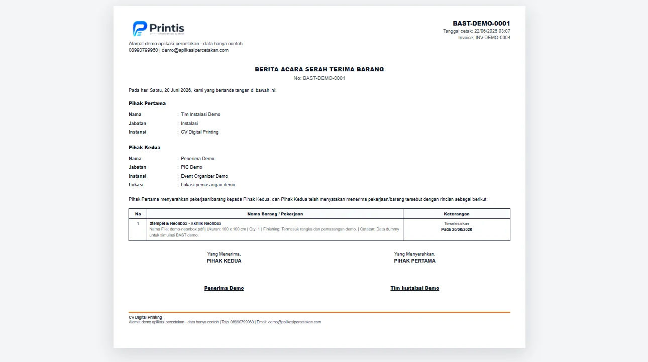 Tampilan BAST pada POS Printis AI