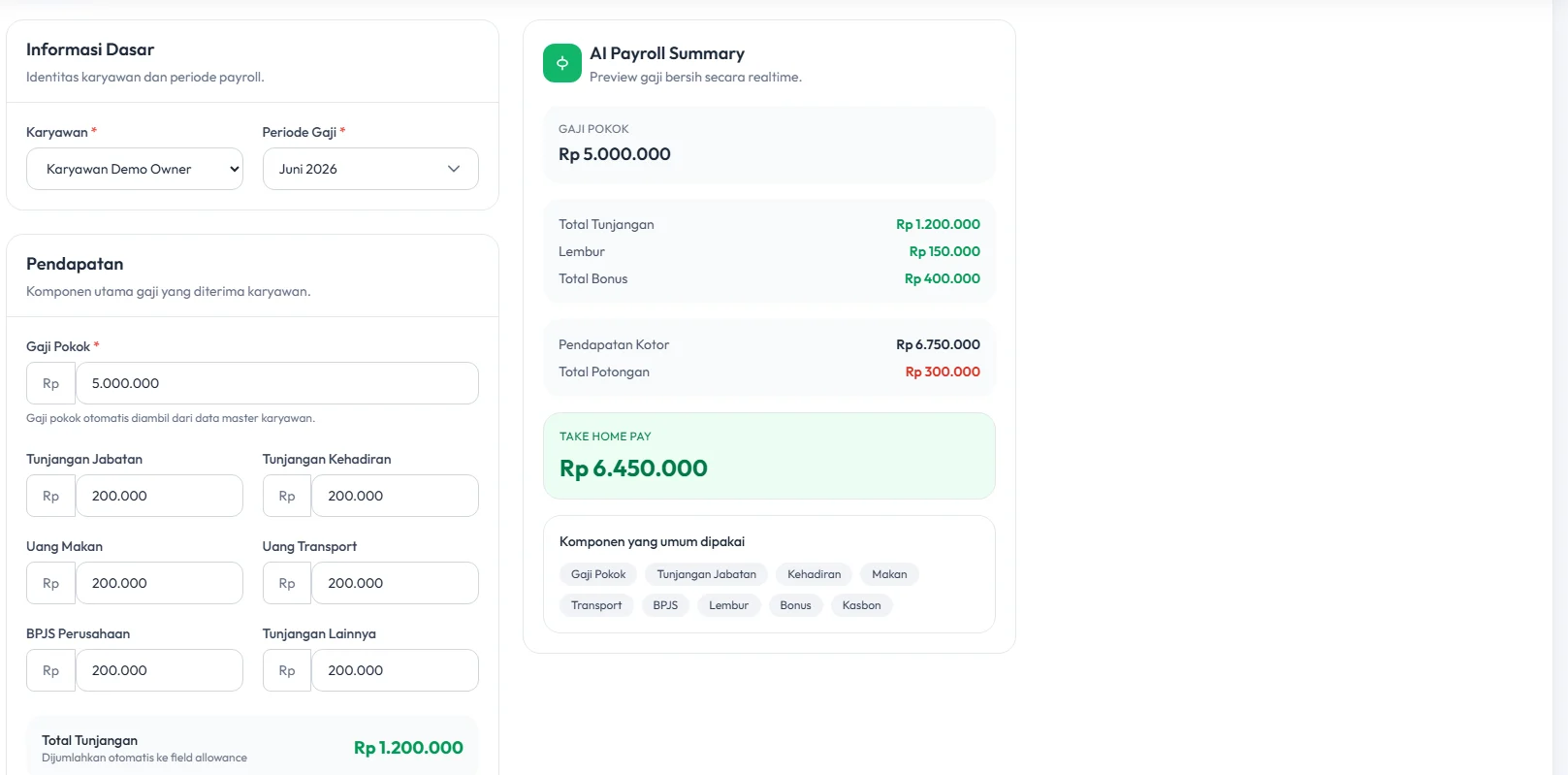 Tampilan fitur Penggajian pada POS Printis AI