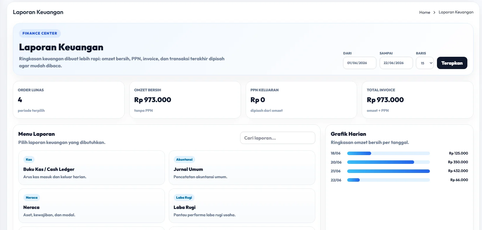 Tampilan fitur Keuangan pada POS Printis AI