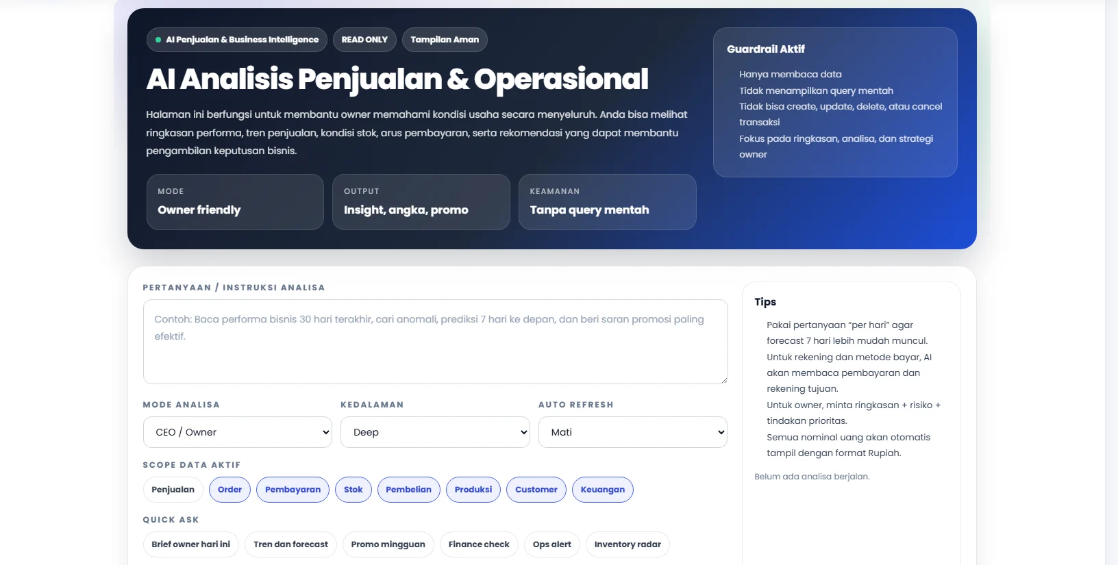 Tampilan fitur Ringkasan Penjualan dengan AI pada POS Printis AI