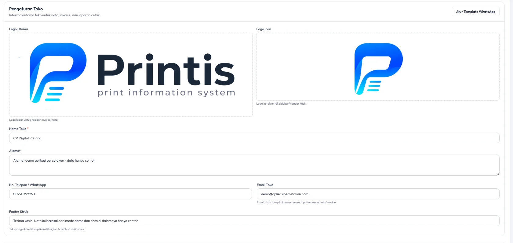 Tampilan fitur Pengaturan Sistem pada POS Printis AI