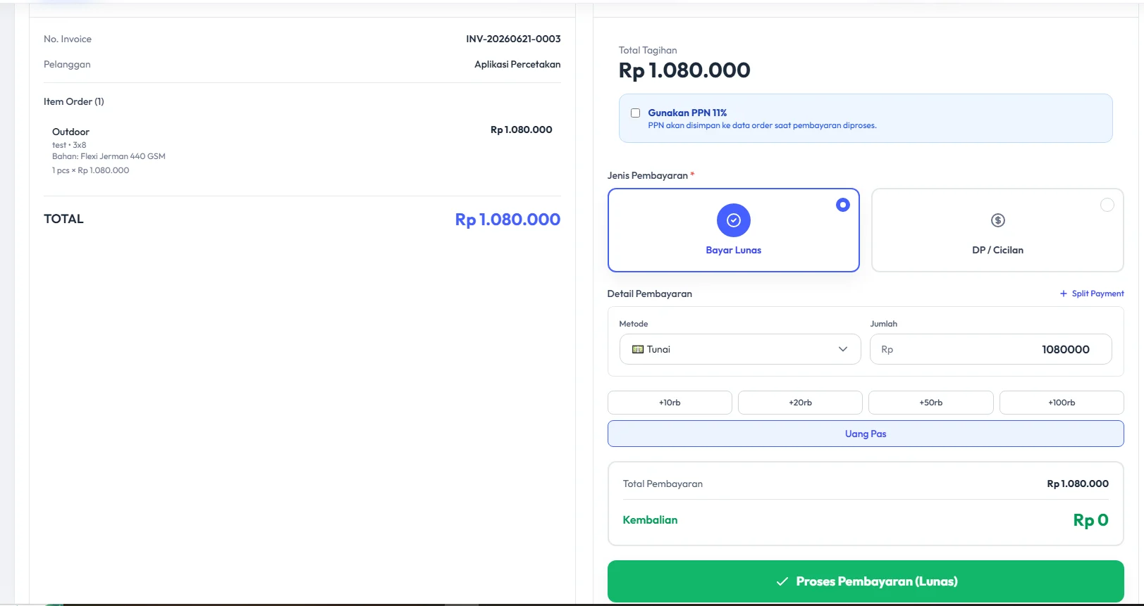 Tampilan fitur Kasir dan Pembayaran pada POS Printis AI