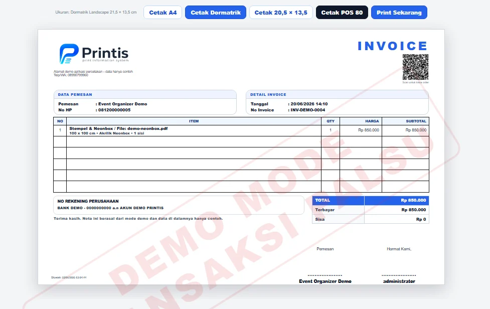 Tampilan fitur Invoice dan Dokumen pada POS Printis AI